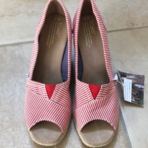 Toms red and white pinstripe espadrilles